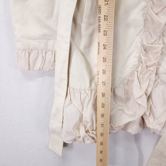 Blanc Noir Belted Coat Size Medium Puff Ruffle Trim Ivory Snap Button Midi - Picture 9 of 15